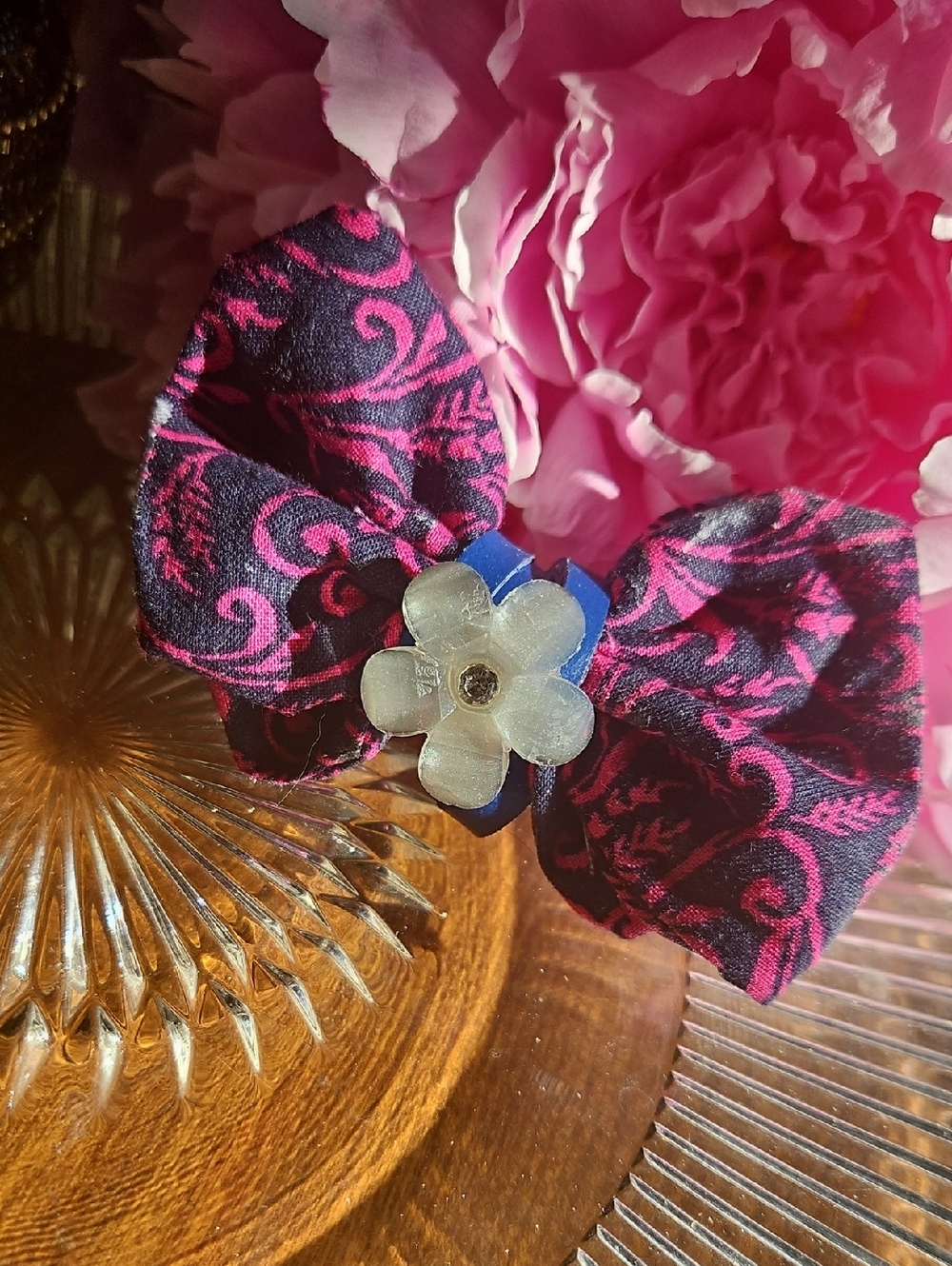 Hand Crafted Dog Collar Bow Tie Paisley Navy&Pink Flower Crystal NEW